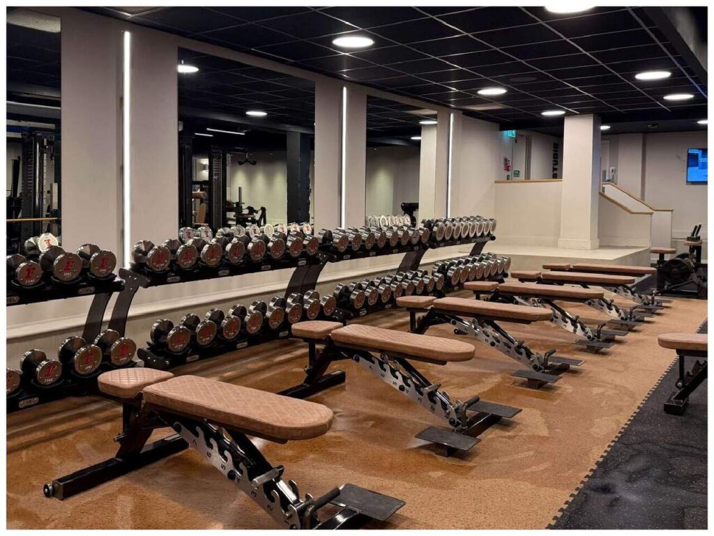 Zone de poids libres avec bancs sur sol en caoutchouc Pavigym