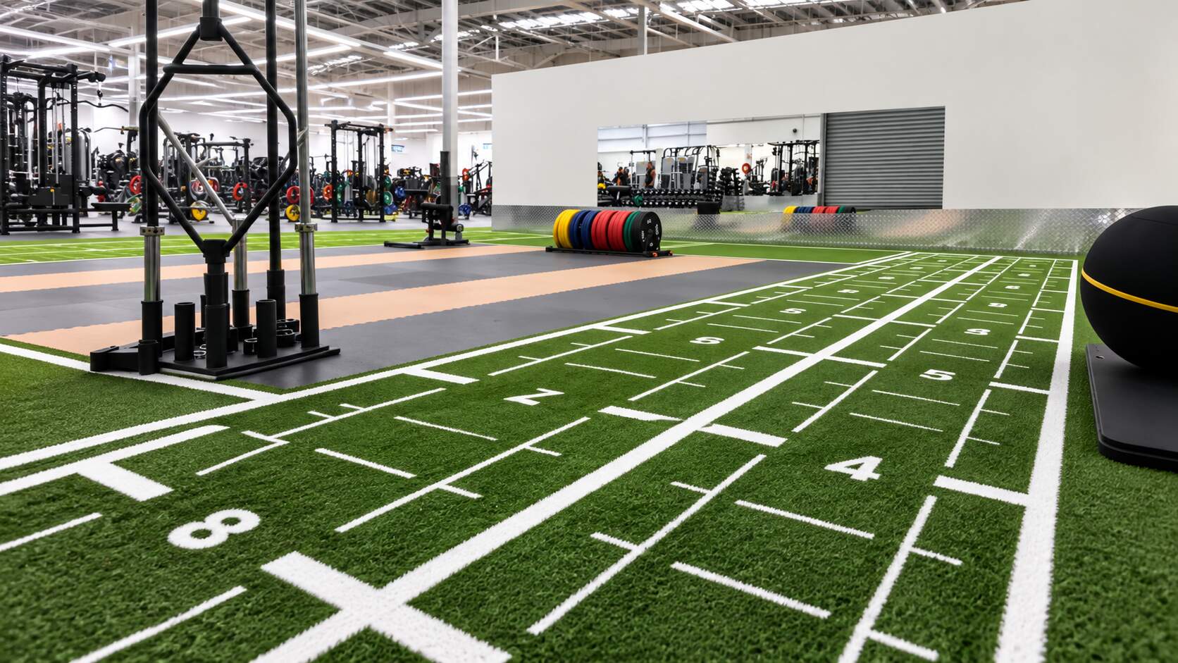 hero-turf Pavigym Turf Kunstrasen mit Bahnmarkierungen in einem Fitnessstudio